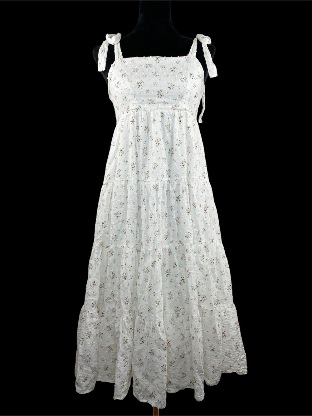 Storia White Swiss Dot Floral Tiered Midi Dress Cottagecore Size Small - Picture 2 of 6